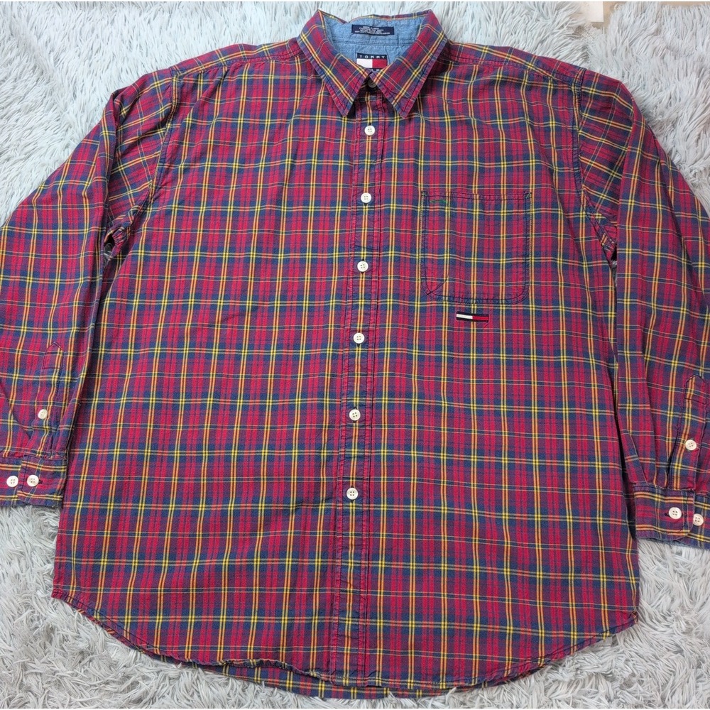 Tommy Jeans Shirt Mens XL Red Plaid Button Up Flag Logo Casual Comfort